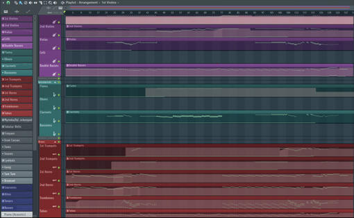 An image of a Digital Audio Workstation with many channels corresponding to different instruments.