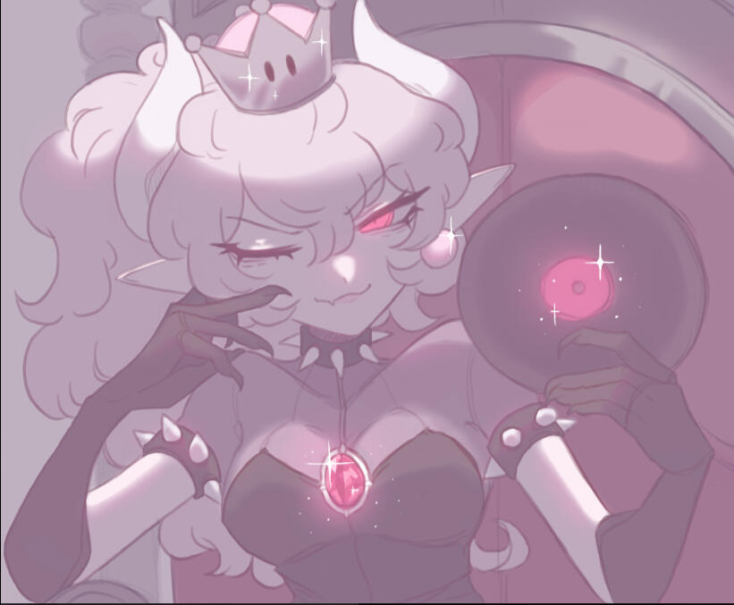 A piece of art with parody mario character "bowsette" holding a record. Art done by @Iuiette on twitter.